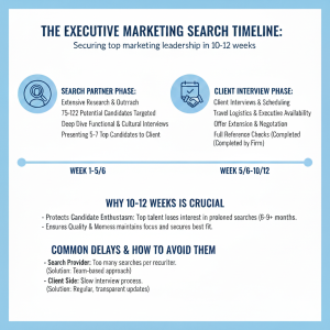 Executive marketing search timeline over 10-12 weeks: search partner phase in weeks 1-6 covering research, outreach and shortlisting, then client interview phase in weeks 6-12 through to offer and negotiation