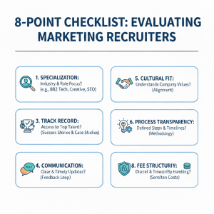 Eight-point checklist for evaluating marketing recruiters: specialization, cultural fit, track record, process transparency, communication and fee structure