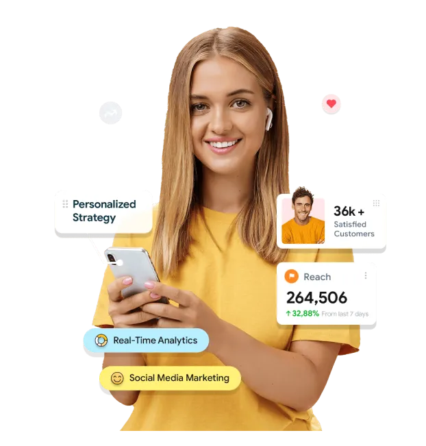 Illustration of a marketer reviewing social reach and engagement dashboards