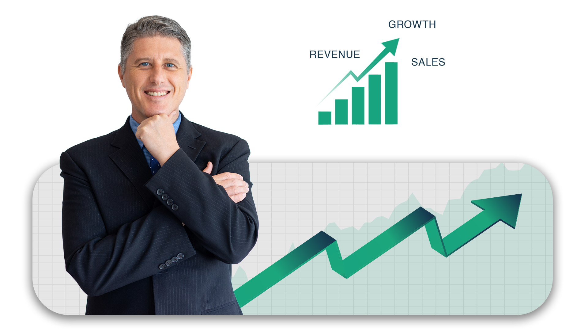 Illustration of an executive beside a rising chart labelled revenue, growth and sales