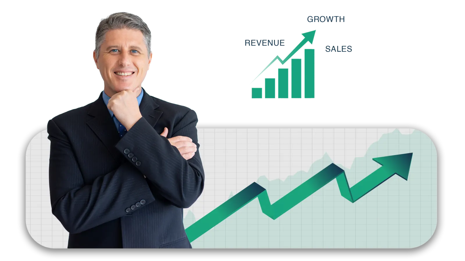 Illustration of an executive beside a rising chart labelled revenue, growth and sales