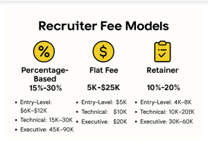 Recruiter fee models compared: percentage-based at 15-30% ($6-12K entry,  alt=5-30K technical, $45-90K executive), flat fee ($5K entry,  alt=0K technical, 
