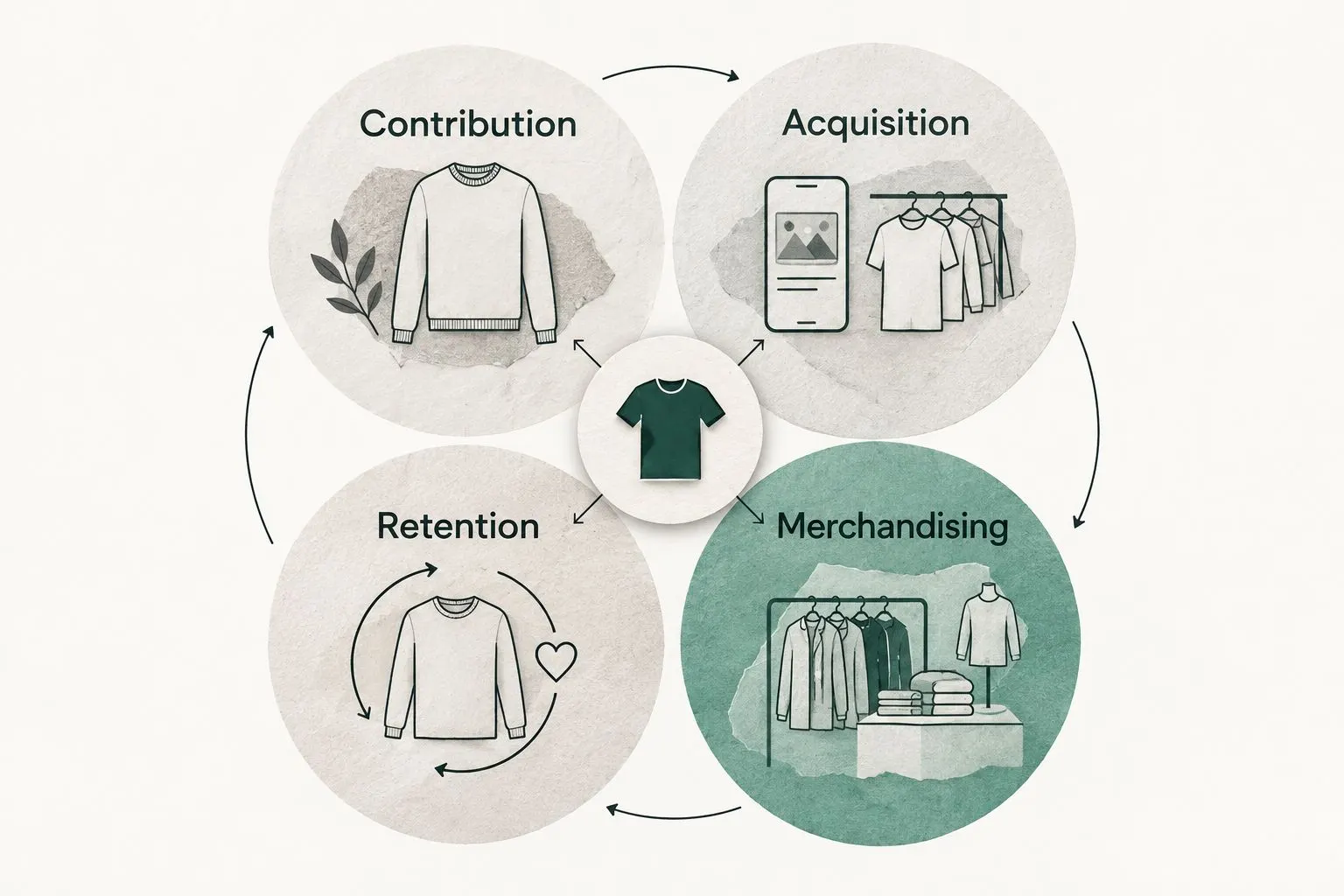 Four overlapping areas connecting contribution, acquisition, retention, and merchandising