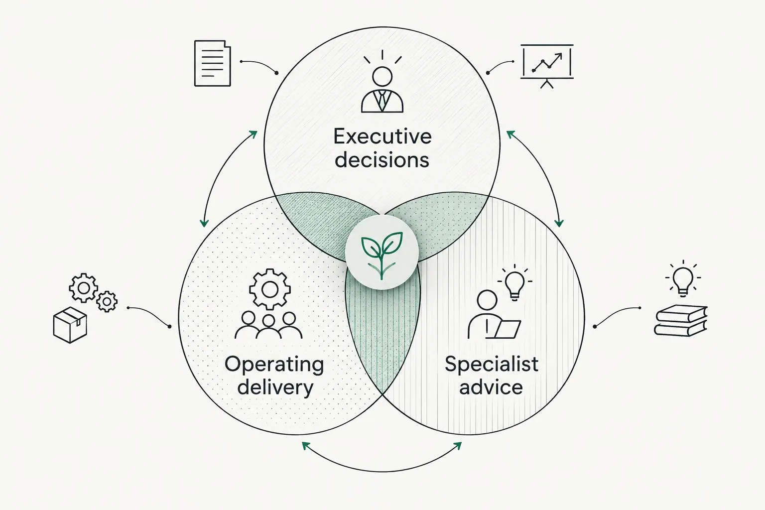 Three overlapping areas distinguish executive decisions, operating delivery, and specialist advice.