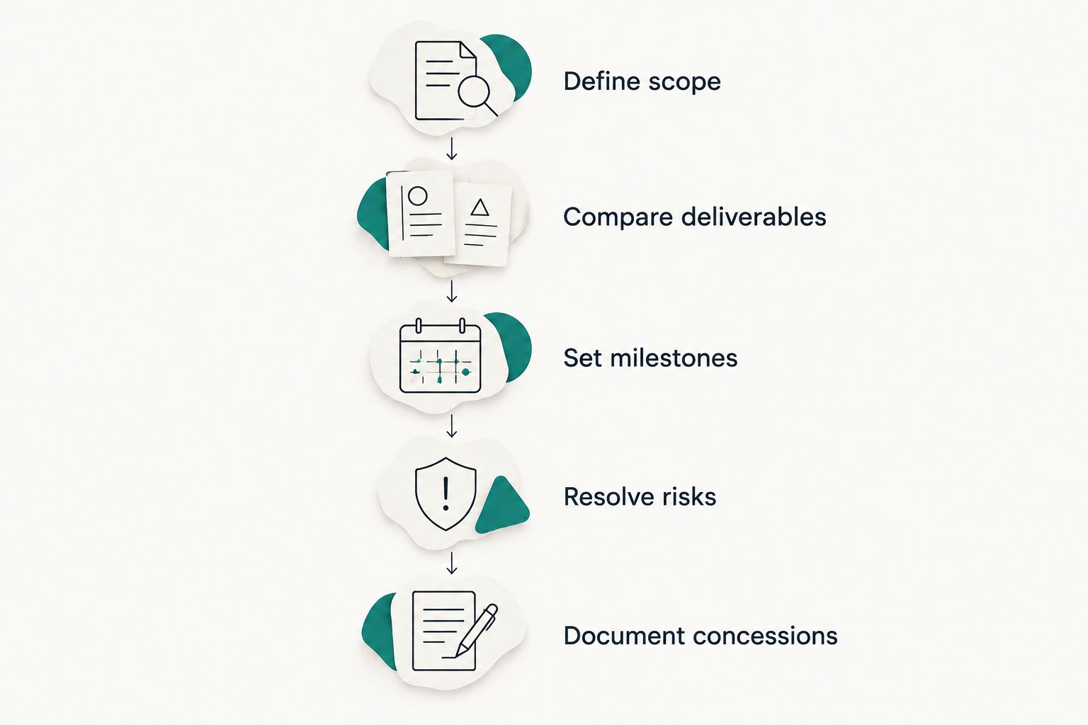 Five negotiation stages from defining the search scope to documenting agreed concessions