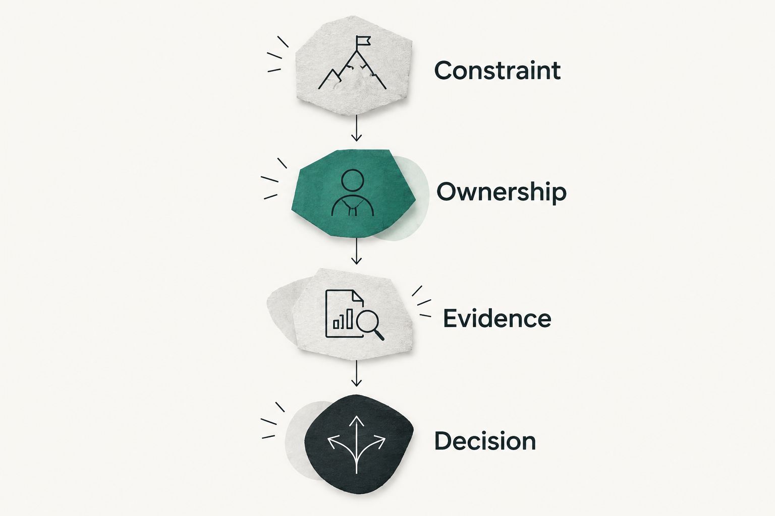 Illustrated hiring sequence from constraint and ownership to evidence and decision