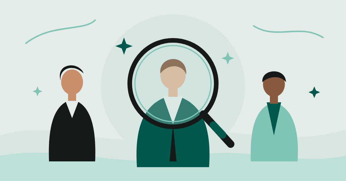 Green editorial illustration of three marketing leaders, with a magnifying glass highlighting the central person