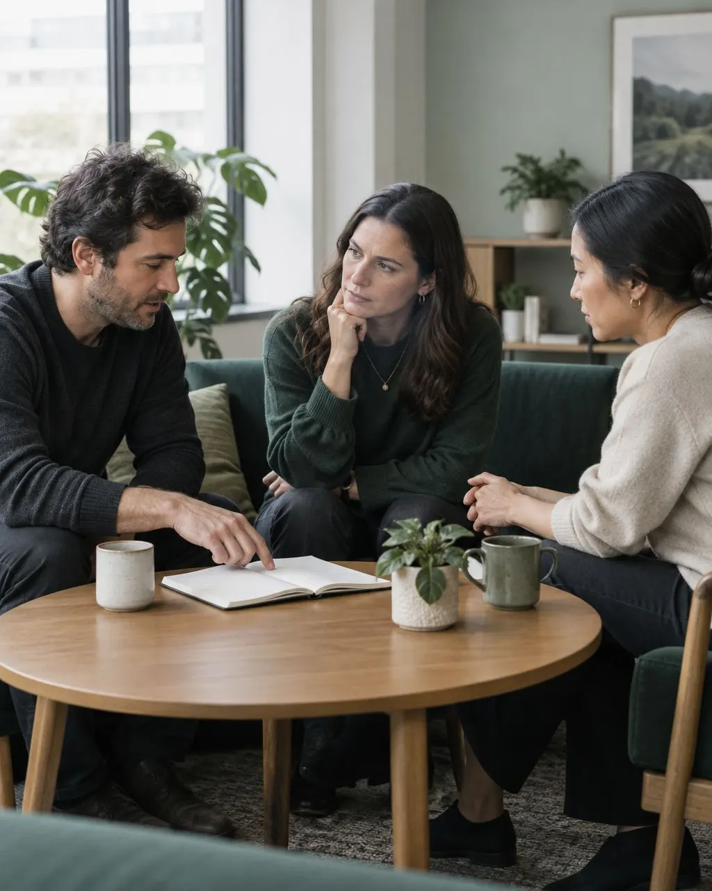 Illustrative startup leadership team discussing a hiring brief in a relaxed office setting