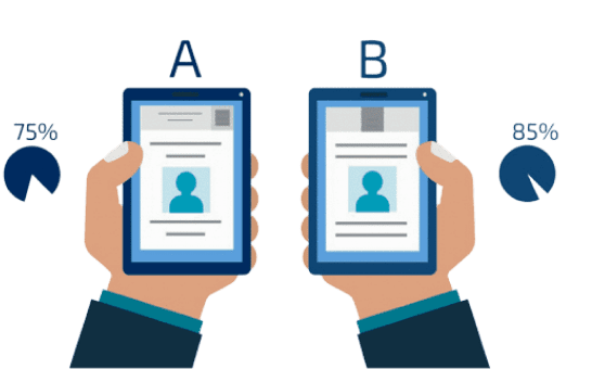 Two candidate profiles compared side by side, A scoring 75% and B scoring 85%