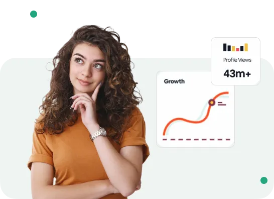Illustration of a candidate beside a profile-views and growth chart