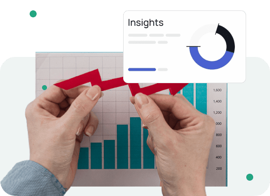 Illustration of hands holding an insights dashboard with a bar chart and rising trend line
