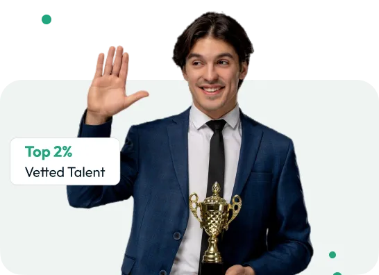 Illustration of a candidate holding a trophy, labelled top 1% vetted talent