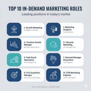 Top 10 in-demand marketing roles: growth marketing, creative growth manager, marketing analytics, lifecycle marketing, paid social operations, demand generation manager, PLG acquisition manager, GTM marketing engineer