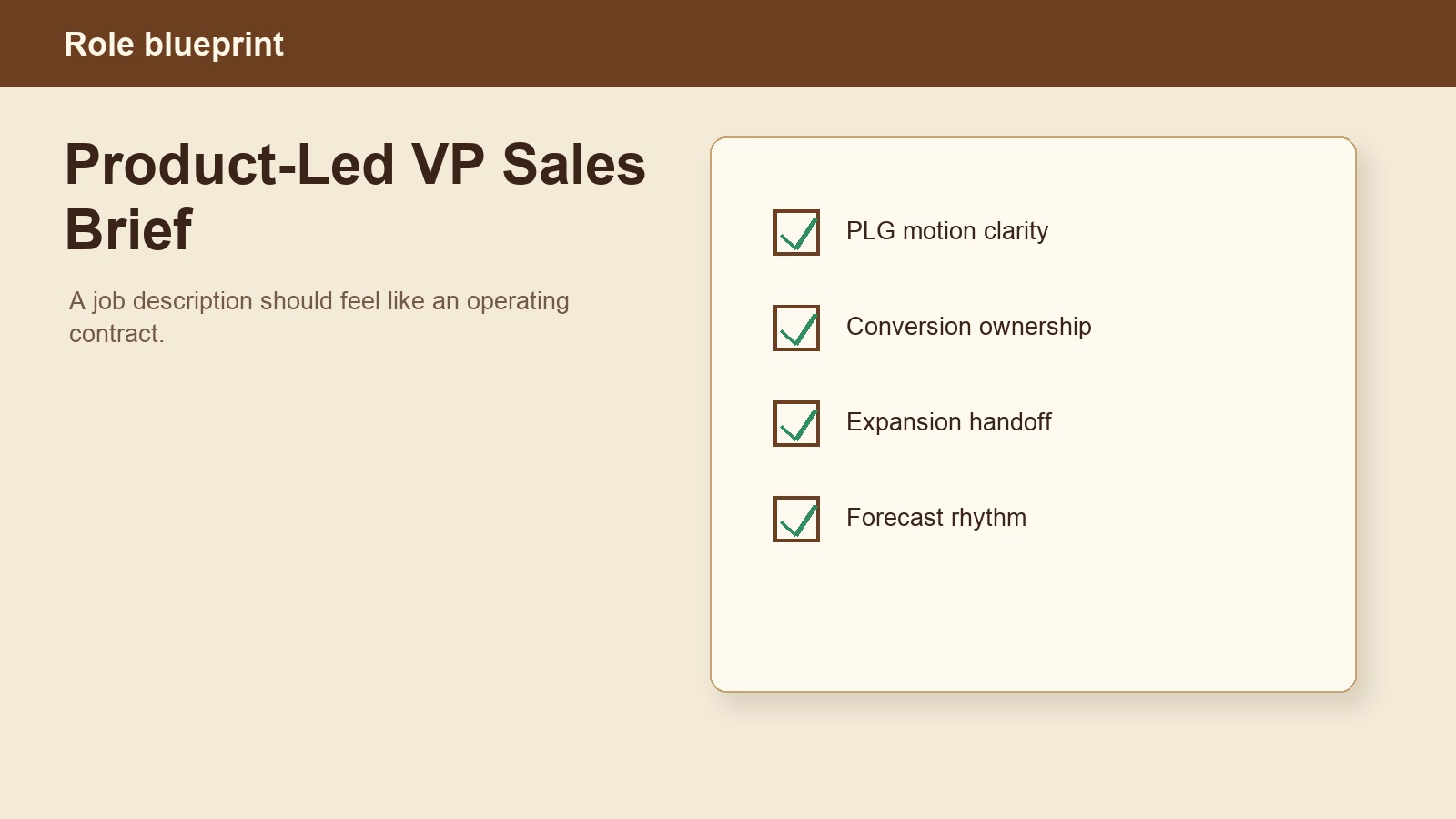 Role blueprint for a product-led VP Sales brief, checklisting PLG motion clarity, conversion ownership, expansion handoff and forecast rhythm